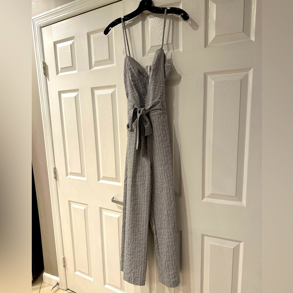 Zara engineer striped jumpsuit with sweetheart neckline and backzip size small